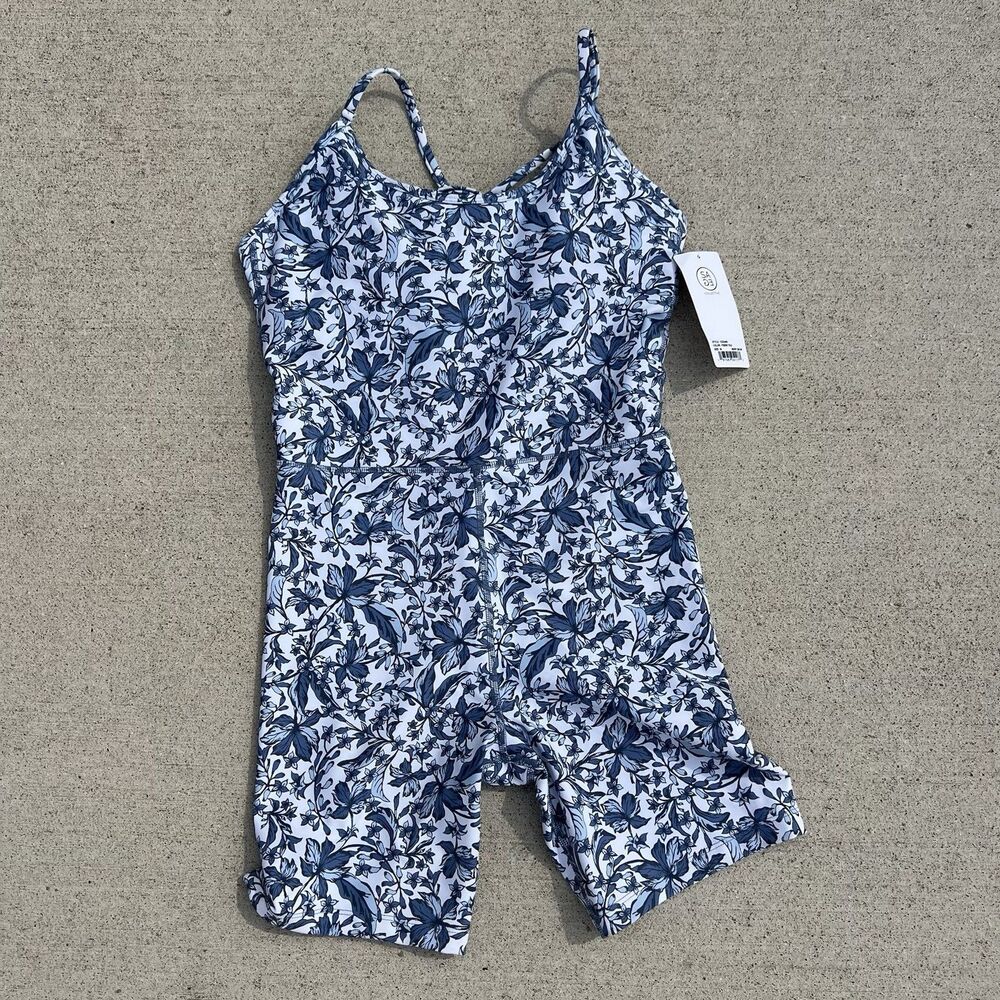 Sage Collective One Piece Jump Suit Activewear Romper  Blue Floral NWT $85 Med‎
